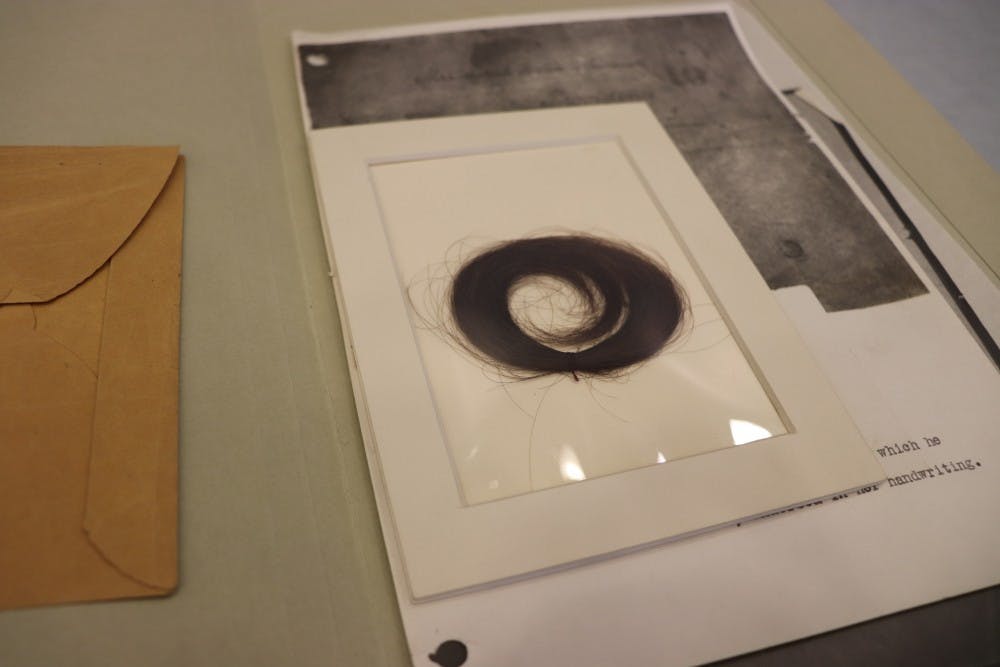 <p>Edgar Allen Poe's hair is on display, along with Sylvia Plath's, in the Lilly Library. The Poe collection has been at IU since 1956.</p>
