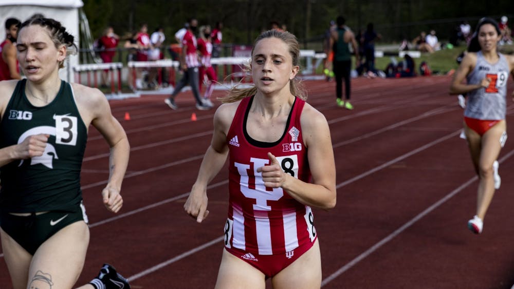 Then-senior Joely Pinkston runs in the women’s 800-meter run during the Big Ten Indiana Invitational on April 9, 2021 at the Robert Haugh Track and Field Complex. In addition to hosting the Gladstein Invitational on Jan. 21 and 22, IU will also be hosting relays on Jan. 28 and 29. 