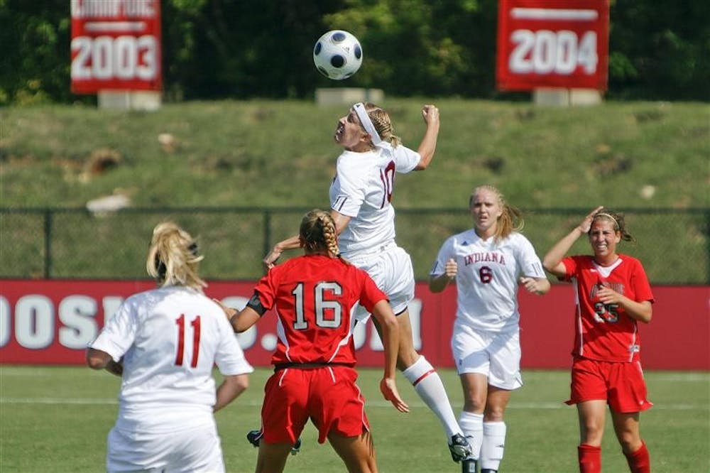 Junior defender Christie Kotynski heads the ball during the Hoosiers 1-0 loss to Ohio State on Sunday afternoon at Bill Armstrong Stadium.