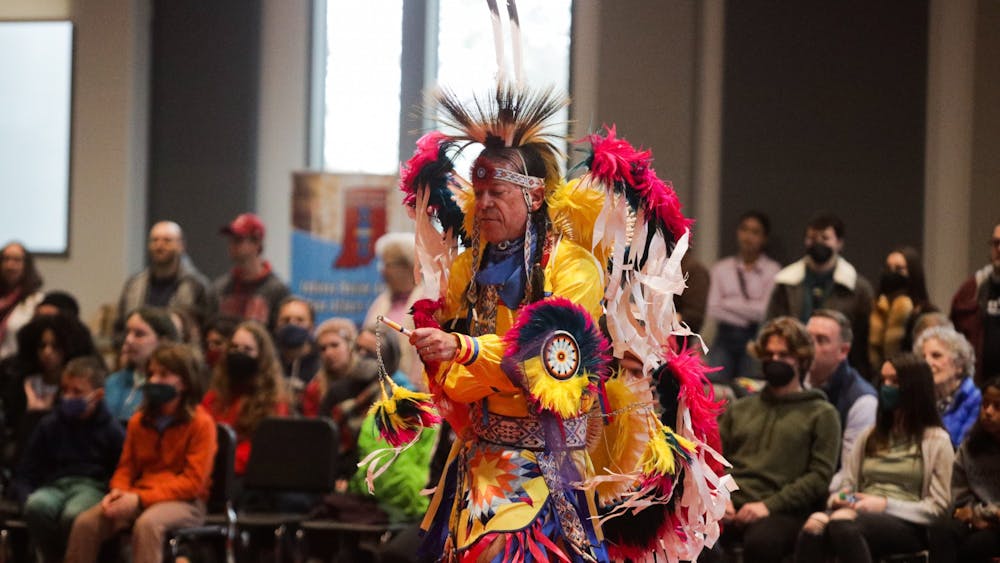 A man performs during the IU Traditional Powwow on April 9, 2022, at the Marching Hundred Hall. The First Nations Educational &amp; Cultural Center will present the 11th annual IU Traditional Powwow on April 1, 2023. 