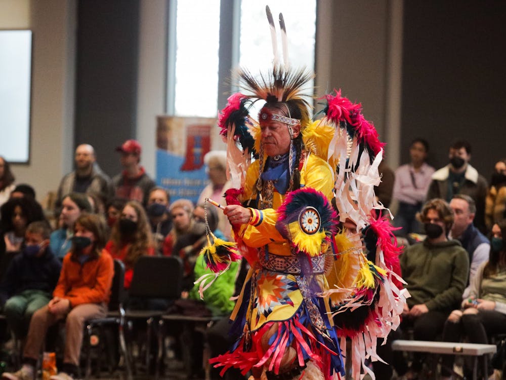A man performs during the IU Traditional Powwow on April 9, 2022, at the Marching Hundred Hall. The First Nations Educational &amp; Cultural Center will present the 11th annual IU Traditional Powwow on April 1, 2023. 