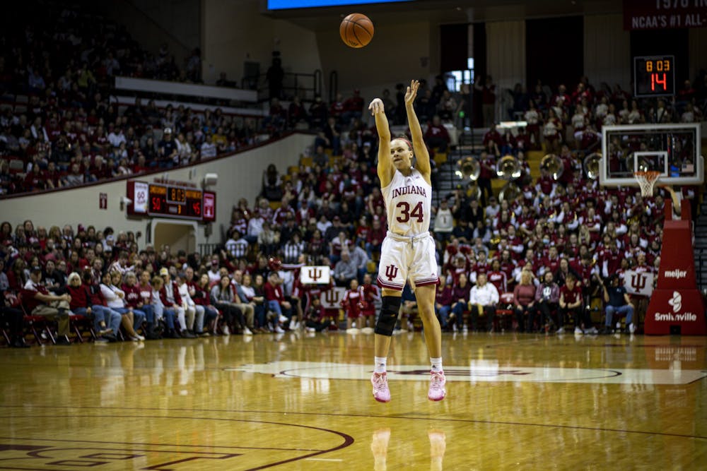 <p>Graduate guard Grace Berger takes a 3-point shot Jan. 29, 2023, at Simon Skjodt Assembly Hall in Bloomington. The Hoosiers beat Rutgers 91-68.﻿</p>