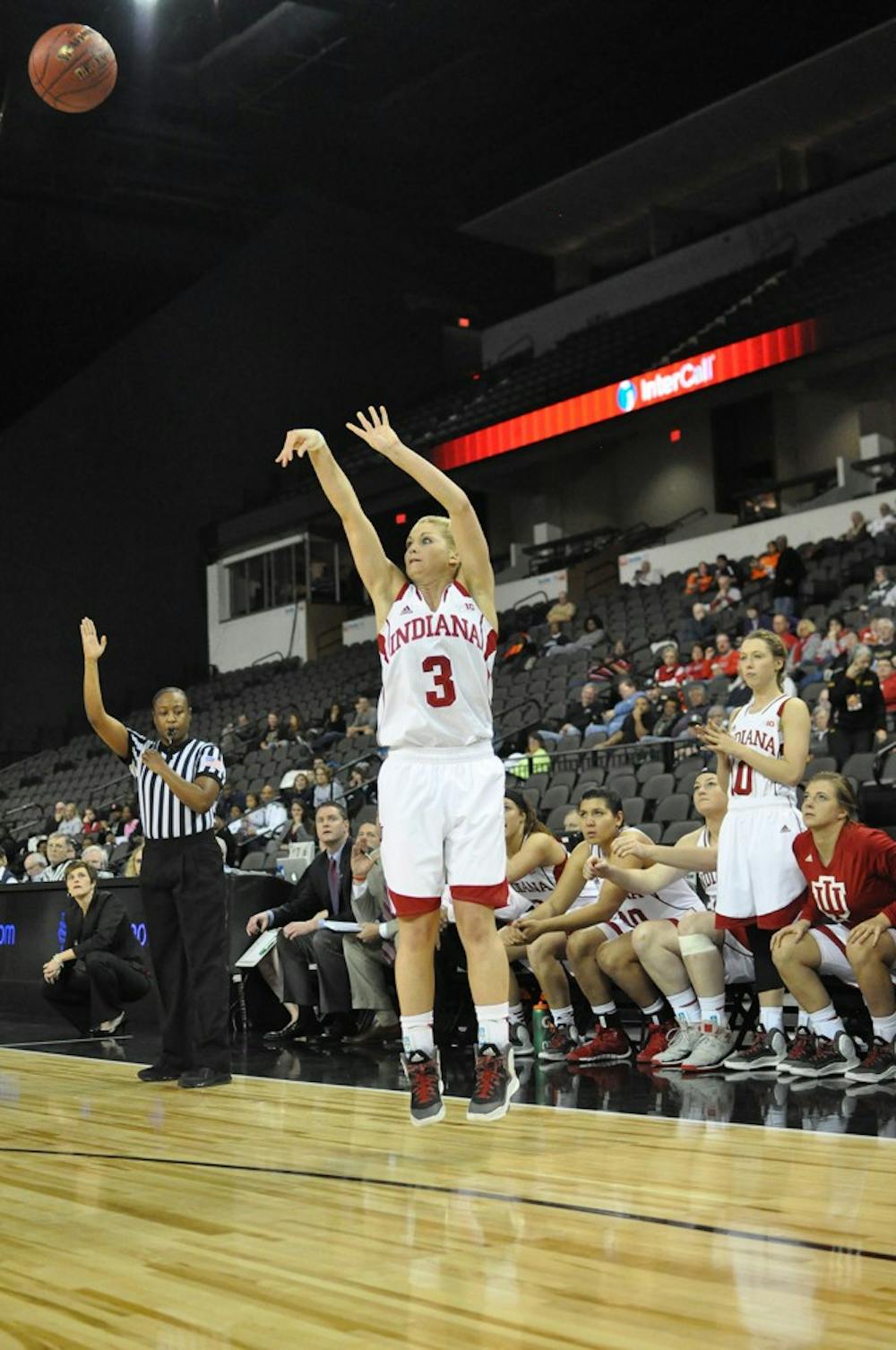 Tyra Buss takes a shot in the second half of Indiana's game against Penn State on Wednesday. IU won 68-63 and will face Rutgers today.