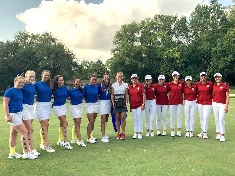 <p>Members of the IU women&#x27;s golf team pose for a photo Sept. 13 at the Pfau Golf Course. The team played in a tournament where international players competed against U.S.-born players in a match play.</p>