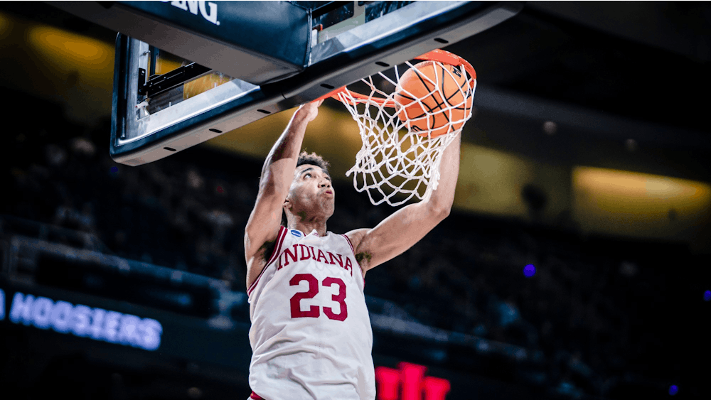 Senior forward Trayce Jackson-Davis dunks March 17, 2023, at MVP Arena in Albany, New York. Indiana defeated Kent State 71-60.
