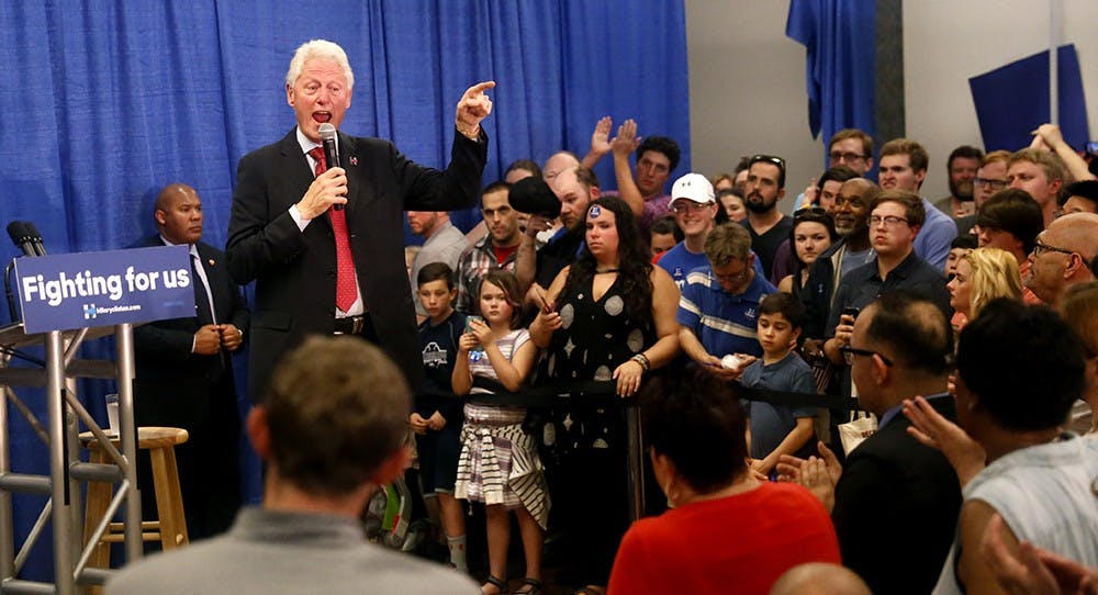 President Bill Clinton speaks crowd of Hillary supporters Tuesday at her campaign office in Indianapolis. Bill addressed immigration, healthcare, Wall Street and college tuition. 