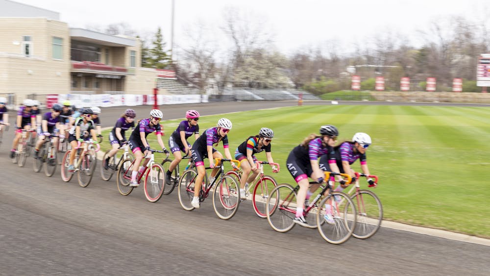 Several members of female teams take a practice lap during Little 500 Media Day April 4, 2023, at Bill Armstrong Stadium. The 35th running of the women&#x27;s race will take place at 4 p.m. Friday.