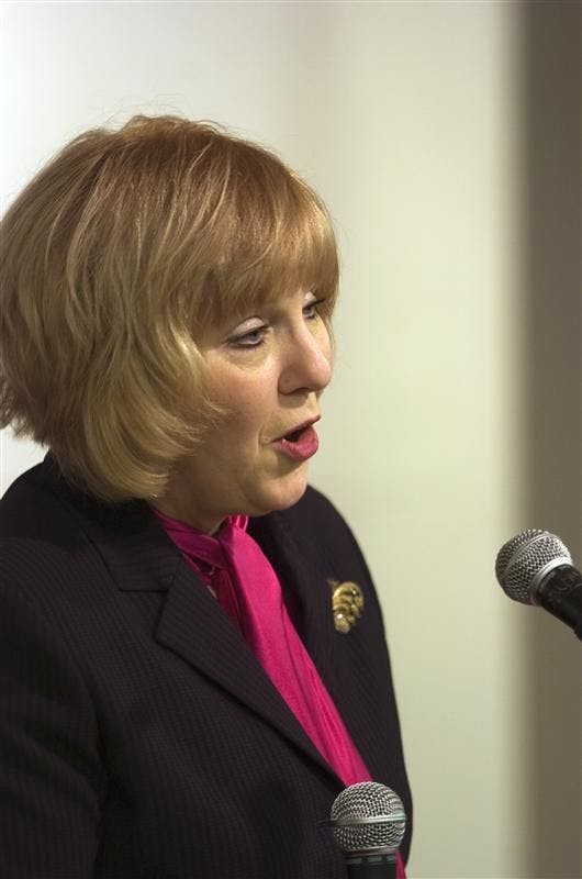 IU Provost Karen Hanson delivers the "State of the Campus" speech to the Bloomington Faculty Council in the Indiana Memorial Union Frangipani Room Tuesday.