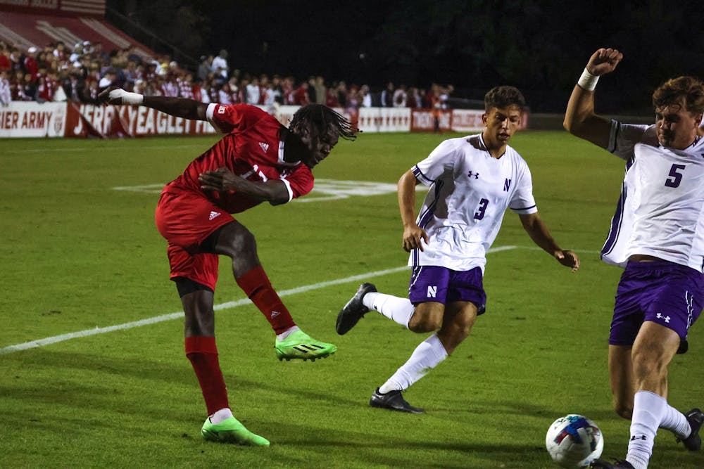 <p>Senior forward Herbert Endeley attempts to score against Northwestern on Sept. 27, 2022, at Bill Armstrong Stadium. IU will play Pittsburgh in the NCAA College Cup at 8:30 p.m. Dec. 9 in Cary, North Carolina.</p>