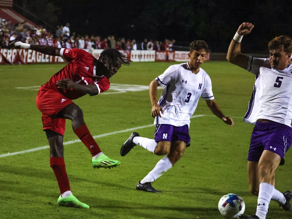 Senior forward Herbert Endeley attempts to score against Northwestern on Sept. 27, 2022, at Bill Armstrong Stadium. IU will play Pittsburgh in the NCAA College Cup at 8:30 p.m. Dec. 9 in Cary, North Carolina.