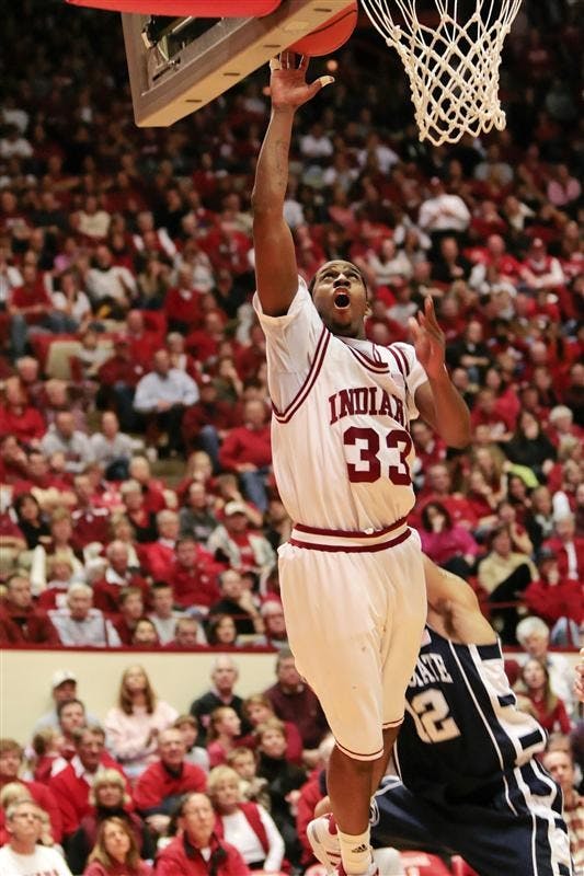 Junior guard Devan Dumes makes a layup during the Hoosiers 65-55 loss to Penn State January 17 at Assembly Hall.