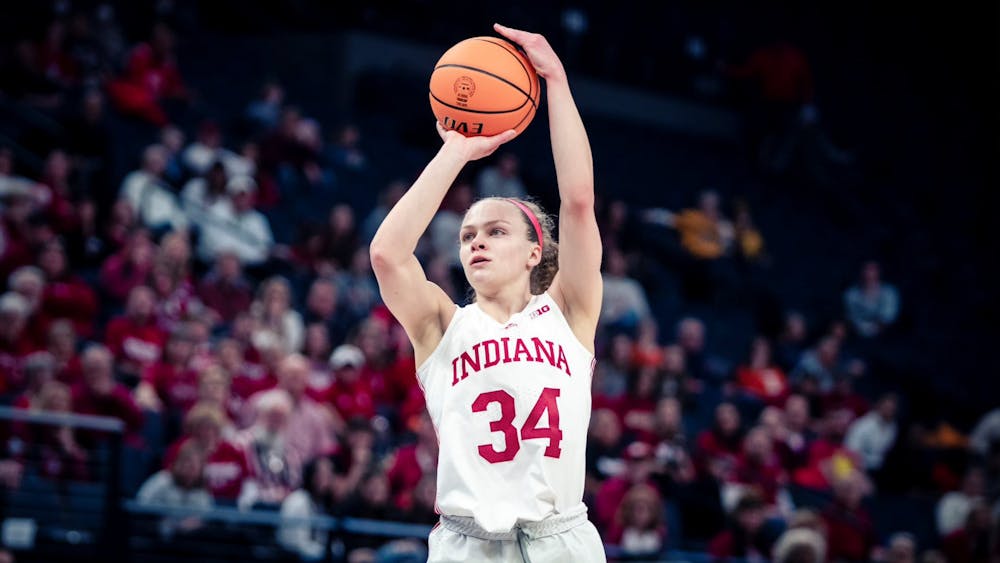 Senior guard Grace Berger shoots a jumper March 3, 2023, at the Target Center in Minneapolis. Indiana defeated Tennessee Tech 77-47 on Saturday.
