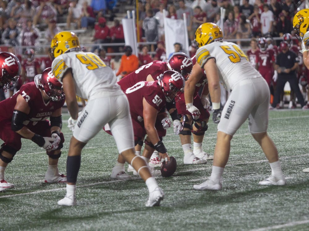 Indiana's starting line gets ready before a play against the Univeristy of Idaho on Sept. 10, 2022, at Memorial Stadium.