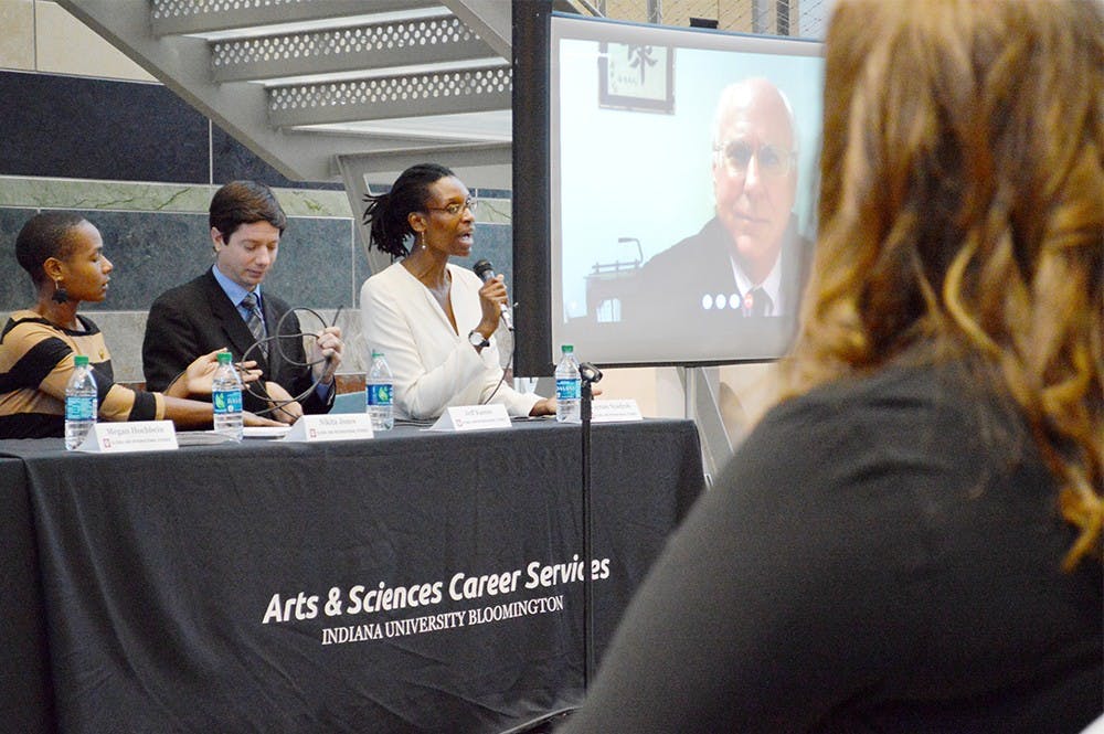 Panleist Vayram Nyadroh discuss how students can transfer their skills into a career in the international workforce during the Global Career Panel Wednesday evening in the Global and International Studies Building.