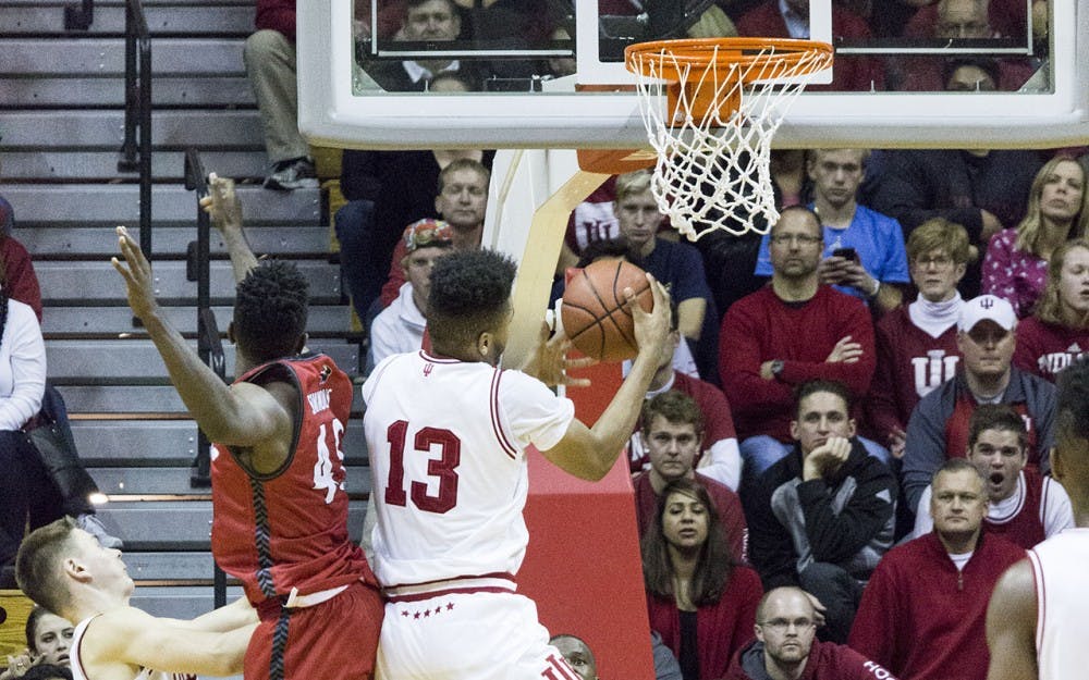 Sophomore forward Juwan Morgan gets to the basket during Friday evenings 83-60 victory over SIU-Edwardsville at Assembly Hall.