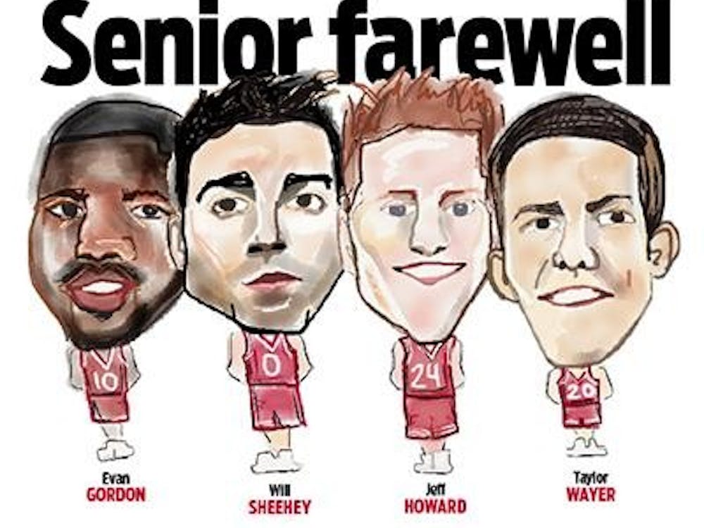 An illustration depicting the seniors on the men's basketball team (from left to right) Evan Gordan, Will Sheehey, Jeff Howard and Taylor Wayer. 