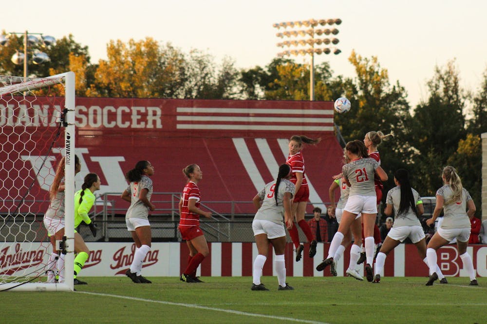 <p>Indiana and Ohio State players jump to head the ball Sept. 29, 2022, at Bill Armstrong stadium. Indiana lost to Ohio State 4-0 on Thursday.</p>