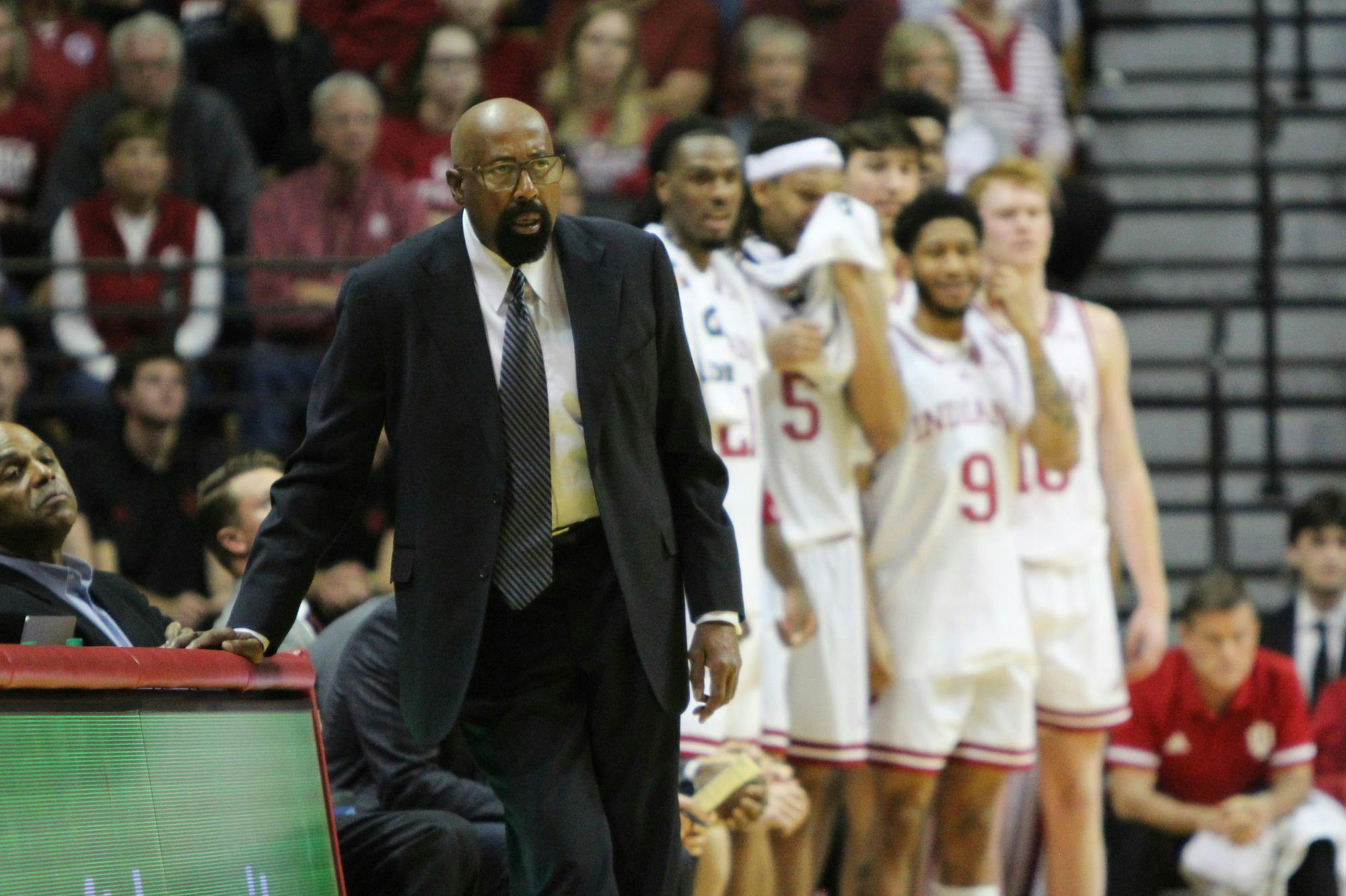 Coach Mike Woodson focuses on the fouls made by the Eastern Illinois University Panthers on Nov. 10, 2024 at Simon Skjodt Assembly Hall in Bloomington. The Hoosiers had 14 personal fouls and the Panthers had 15 personal fouls.