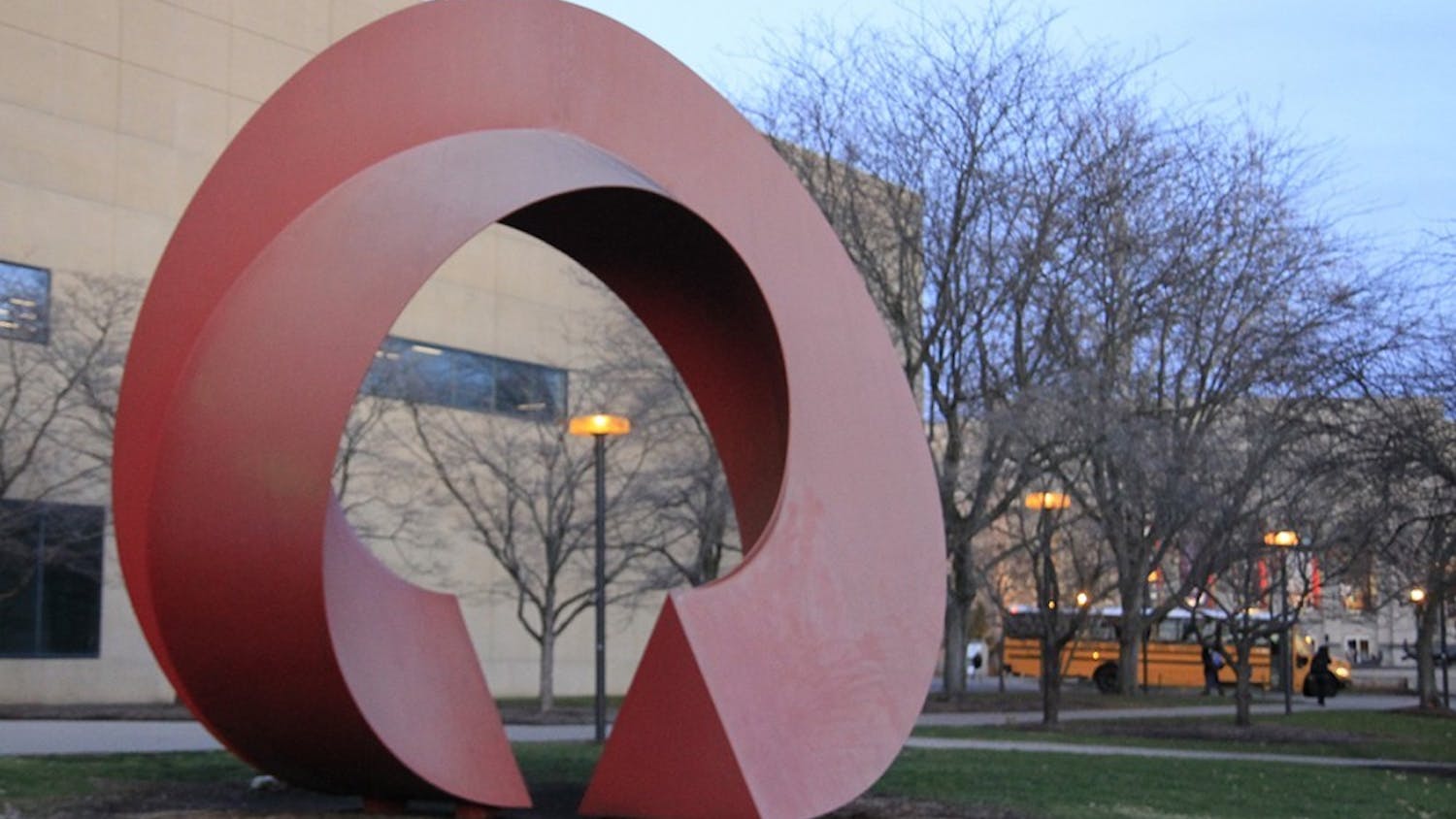 The Indiana Arc, outside the Eskenazi Art Museum of Art, was built in 1995. It is made of aluminum and was built by Charles Perry, an American sculptor known for his large public sculptures.