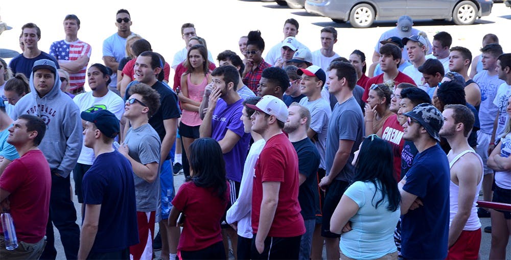 Students who have been issued drinking violations during the Little 5 weekend, gather at Sunday the Memorial Stadium. They had to pick up trashes around the Stadium as part of the pretrial diversion program.