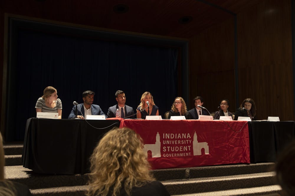 <p>IU Student Government candidates address questions Mar. 25, 2019, about topics from high tuition to sexual violence on campus in the Whittenberger Auditorium. IUSG is partnering with Title IX and Sexual Violence Prevention to host the forum as a way to educate IU students on sexual violence and the resources students are able to access.</p>