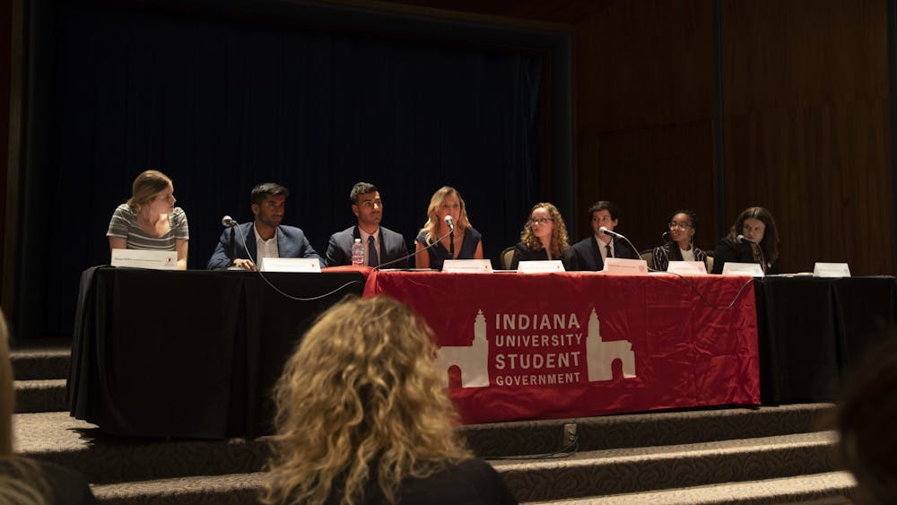IU Student Government candidates address questions Mar. 25, 2019, about topics from high tuition to sexual violence on campus in the Whittenberger Auditorium. IUSG is partnering with Title IX and Sexual Violence Prevention to host the forum as a way to educate IU students on sexual violence and the resources students are able to access.