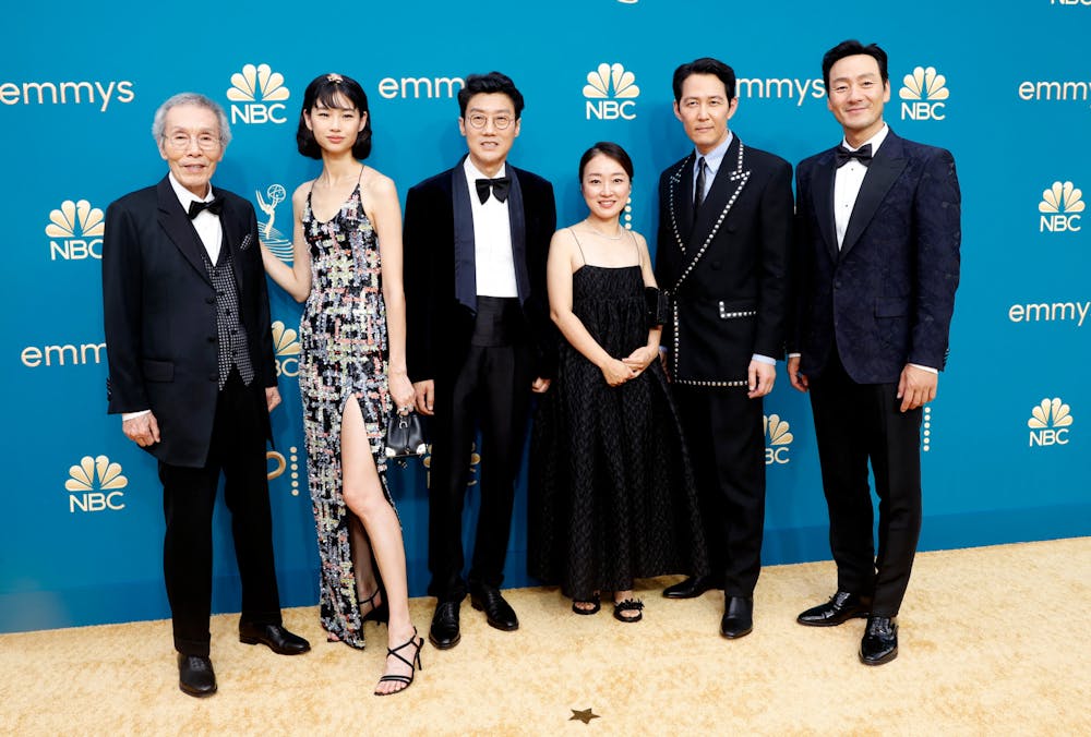 <p>The cast of the Neftlix show &quot;Squid Game&quot; is pictured at the 74th Primetime Emmy Awards ceremony. The show garnered six Emmy wins among 14 nominations and was one of the most viewed streaming programs in 2021.</p>