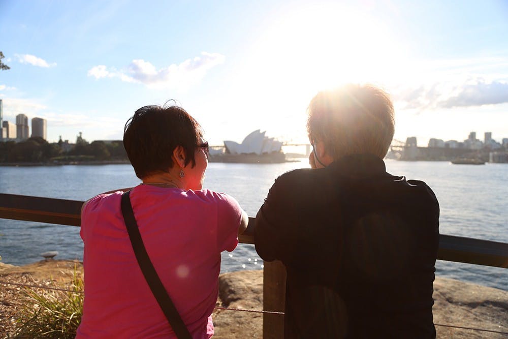 Dr. Steve Zegree and Singing Hoosiers Associate Director Ly Wilder look out towards the Sydney Opera House. The Singing Hoosiers conducted a two-week tour of Australia in May 2014. 