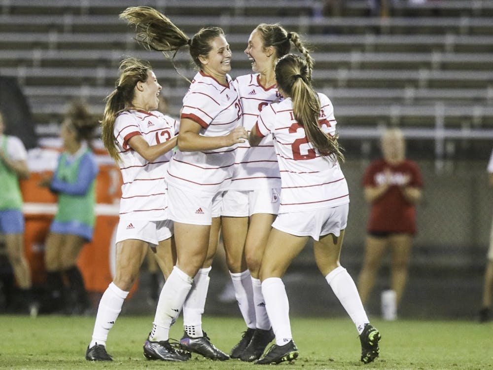 Indiana women&#x27;s soccer players celebrate Sept. 2, 2021, in Bill Armstrong Stadium after scoring. The team will play an exhibition game against Miami University on Aug. 6.