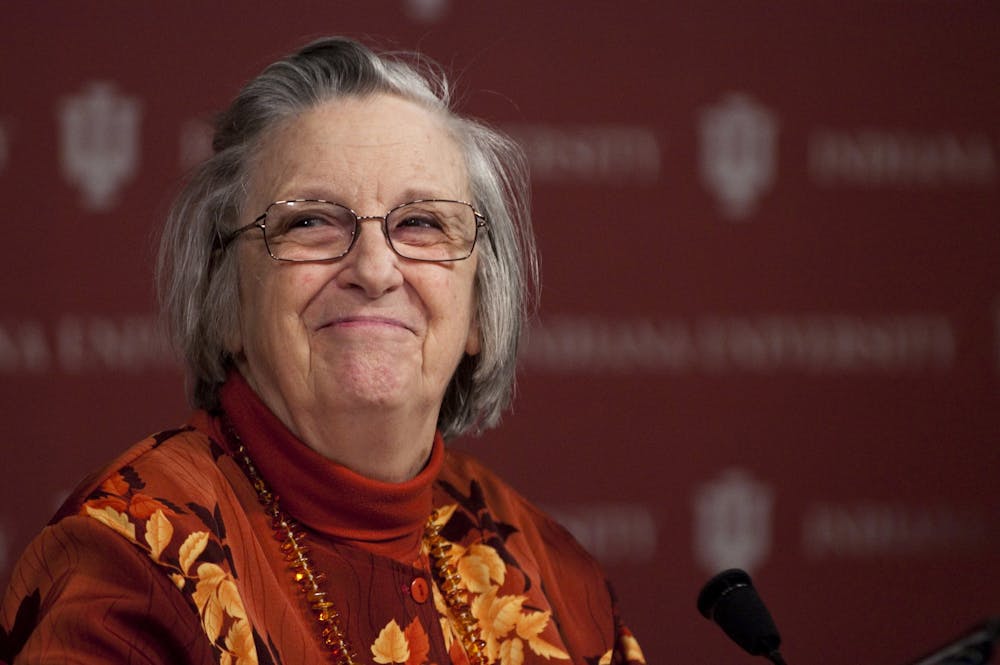<p>Elinor Ostrom listens to a question at a press conference Oct. 12, 2009, in Bloomington. Ostrom became the first woman to be awarded the Nobel prize for economics that same day. </p>