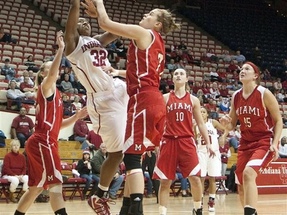 Senior guard Jori Davis shoots a basket as IU plays against Miami (Ohio) Thursday at Assembly Hall. Davis scored more than half IU's points in the game with 31 points, but IU still lost 61-67.