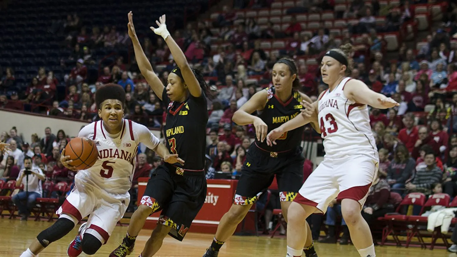 Sophomore guard Larryn Brooks attempts to drive past Maryland's Brene Moseley during IU's game against the Terrapins in Assembly Hall on Sunday.