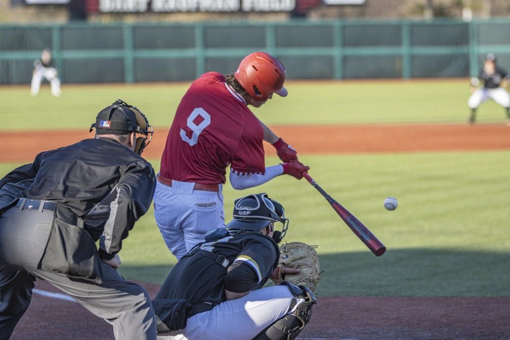 <p>Freshman catcher Brock Tibbitts swings at a pitch against Purdue on March 9, 2022, at Bart Kaufman Field. Indiana will play Illinois in a three game series at Bart Kaufman Field this weekend</p>