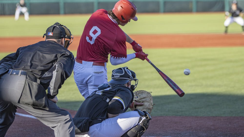Freshman catcher Brock Tibbitts swings at a pitch against Purdue on March 9, 2022, at Bart Kaufman Field. Indiana will play Illinois in a three game series at Bart Kaufman Field this weekend