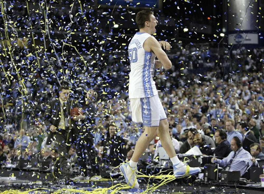 North Carolina's Tyler Hansbrough celebrates after his team's 89-72 victory over Michigan State in the championship game at the men's NCAA Final Four college basketball tournament on Monday in Detroit.