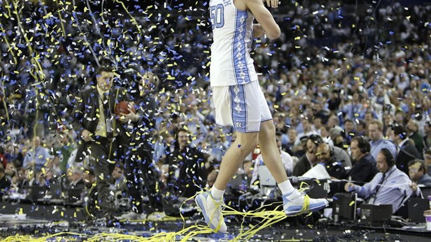 North Carolina's Tyler Hansbrough celebrates after his team's 89-72 victory over Michigan State in the championship game at the men's NCAA Final Four college basketball tournament on Monday in Detroit.