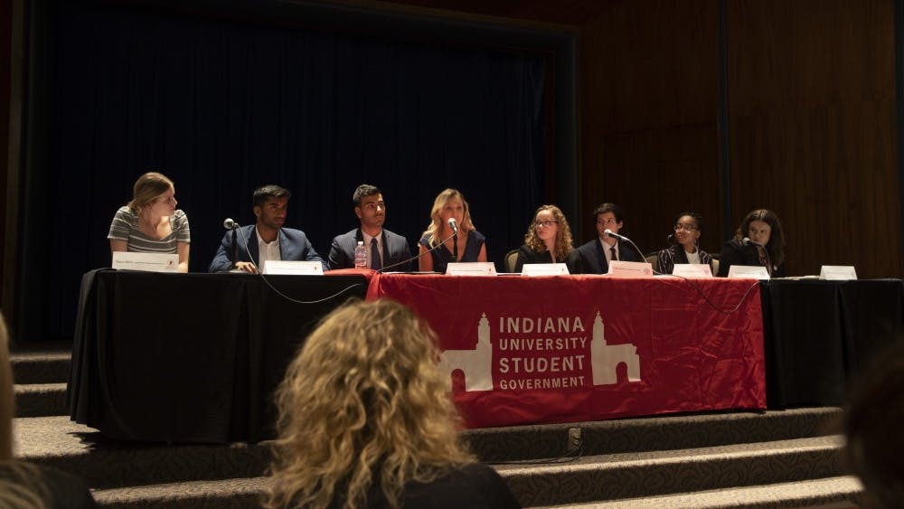 IU Student Government candidates address questions March 25 about topics from high tuition to recent campus sexual violence. The IUSG debate was in the Whittenberger Auditorium at the Indiana Memorial Union.