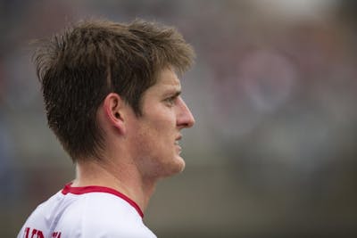 Senior midfielder Trevor Swartz eyes up the corner kick Nov. 18 at Bill Armstrong Stadium during IU's second round game against the University of Connecticut in the NCAA Tournament.&nbsp;