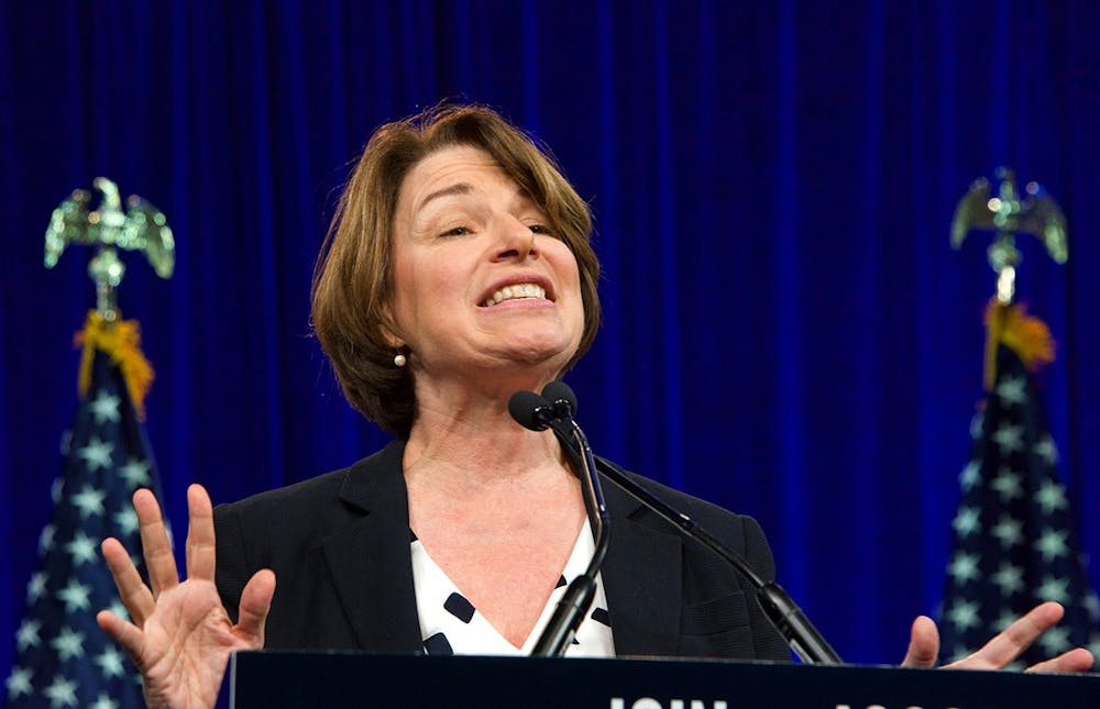 <p>Presidential candidate Amy Klobuchar speaks at the Democratic National Convention summer session Aug. 23, 2019, in San Francisco, California.</p>