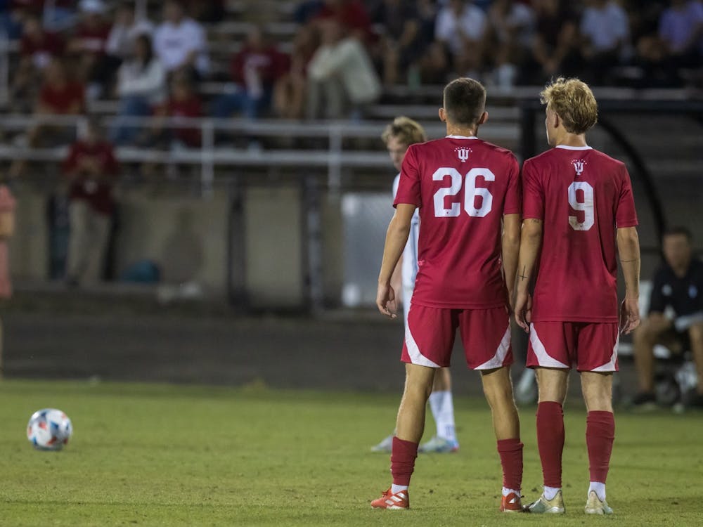 Then-sophomore forward Nate Ward and then-freshman forward Samuel Sarver stand ready to block a free kick Sept. 3, 2021, at Bill Armstrong Stadium in Bloomington. Junior defender and Xavier transfer Jansen Miller made his first collegiate goal Wednesday night.