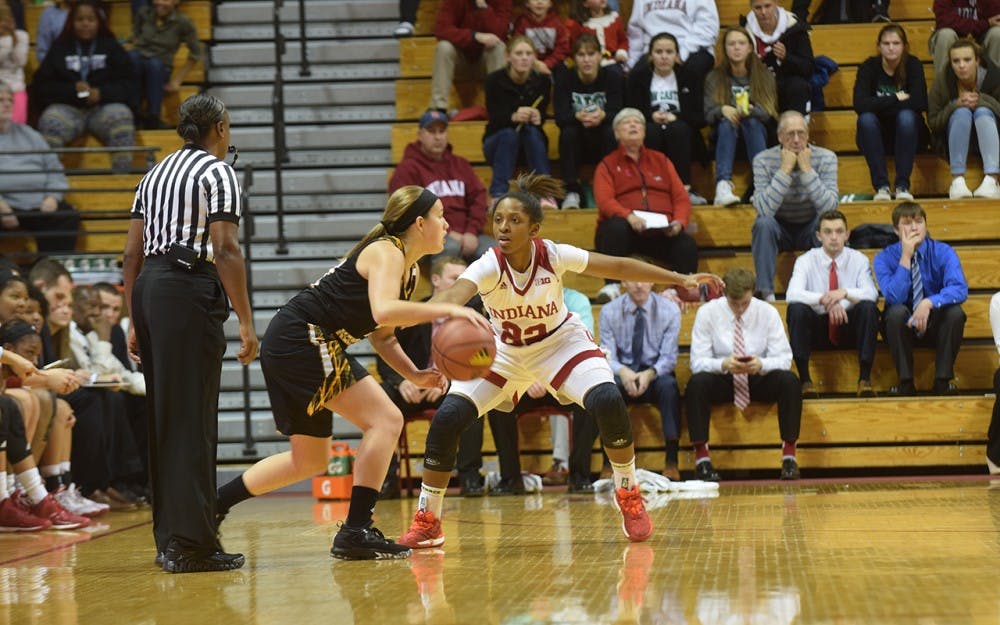 Tia Elbert defends against Northern Kentucky, Thursday night. IU defeated the Northern Kentucky 100-49.