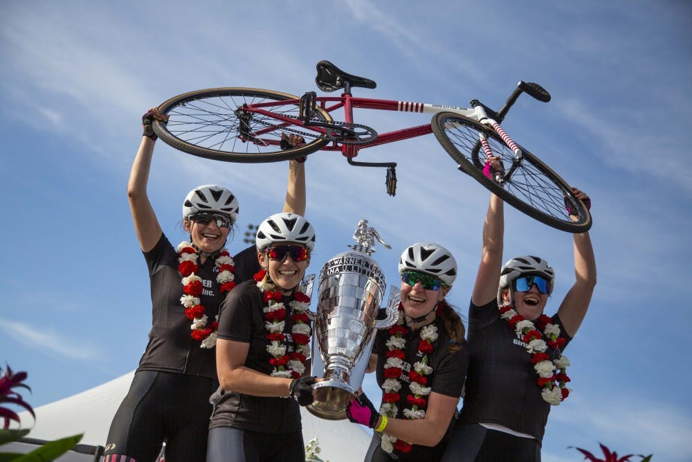 <p>Members of Teter Cycling hold up the 2019 women's Little 500 trophy April 12, at Bill Armstrong Stadium. Delta Gamma placed second, and SKI placed third.&nbsp;</p>