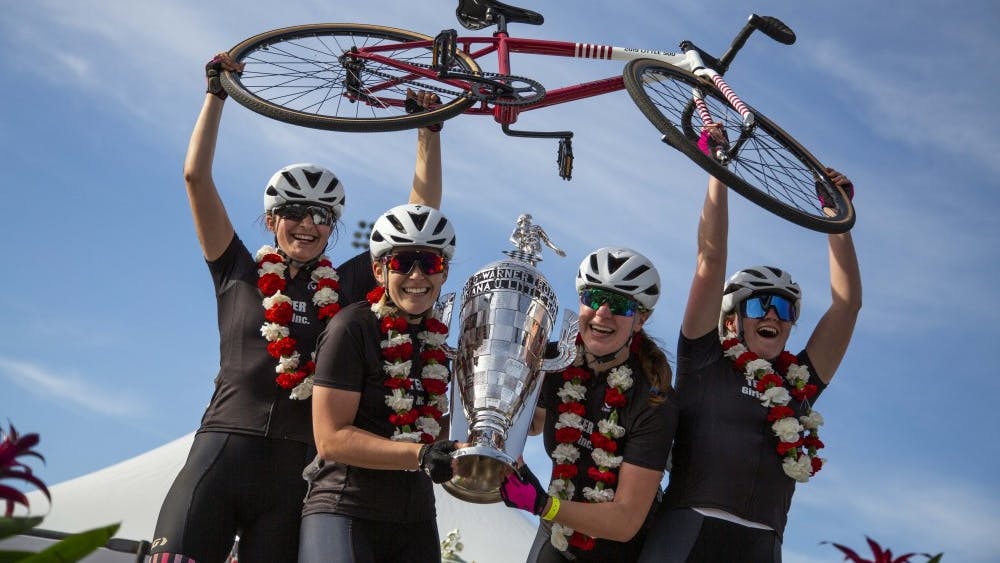 Members of Teter Cycling hold up the 2019 women's Little 500 trophy April 12, at Bill Armstrong Stadium. Delta Gamma placed second, and SKI placed third.&nbsp;