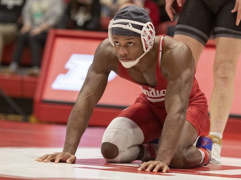 Then-sophomore DJ Washington prepares for his match on Jan. 29, 2022, at Wilkinson Hall. Indiana wrestling concluded its season at the NCAA Championships.