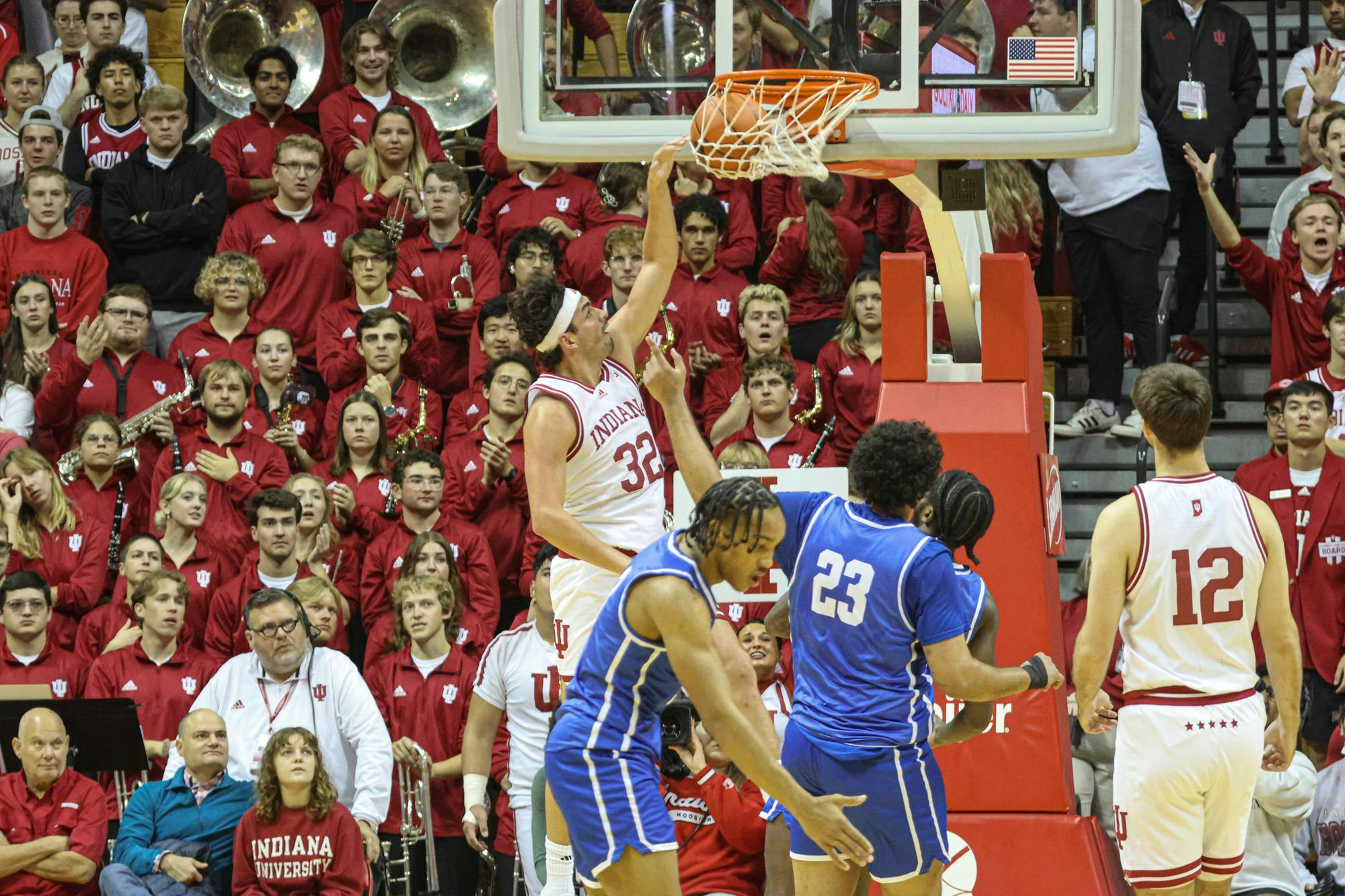 Fifth-year Senior Trey Galloway scores against the EIU Panthers Nov. 10, 2024, at Assembly Hall in Bloomington. The IU mens team beat the Panthers 90-55. 