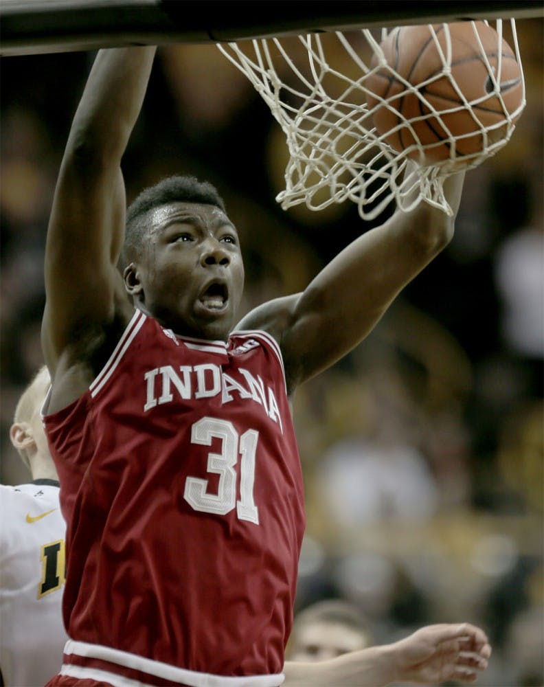 Freshman center Thomas Bryant dunks against the Hawkeyes in the Hoosiers' win at Carver-Hawkeye Arena. (The Daily Iowan)