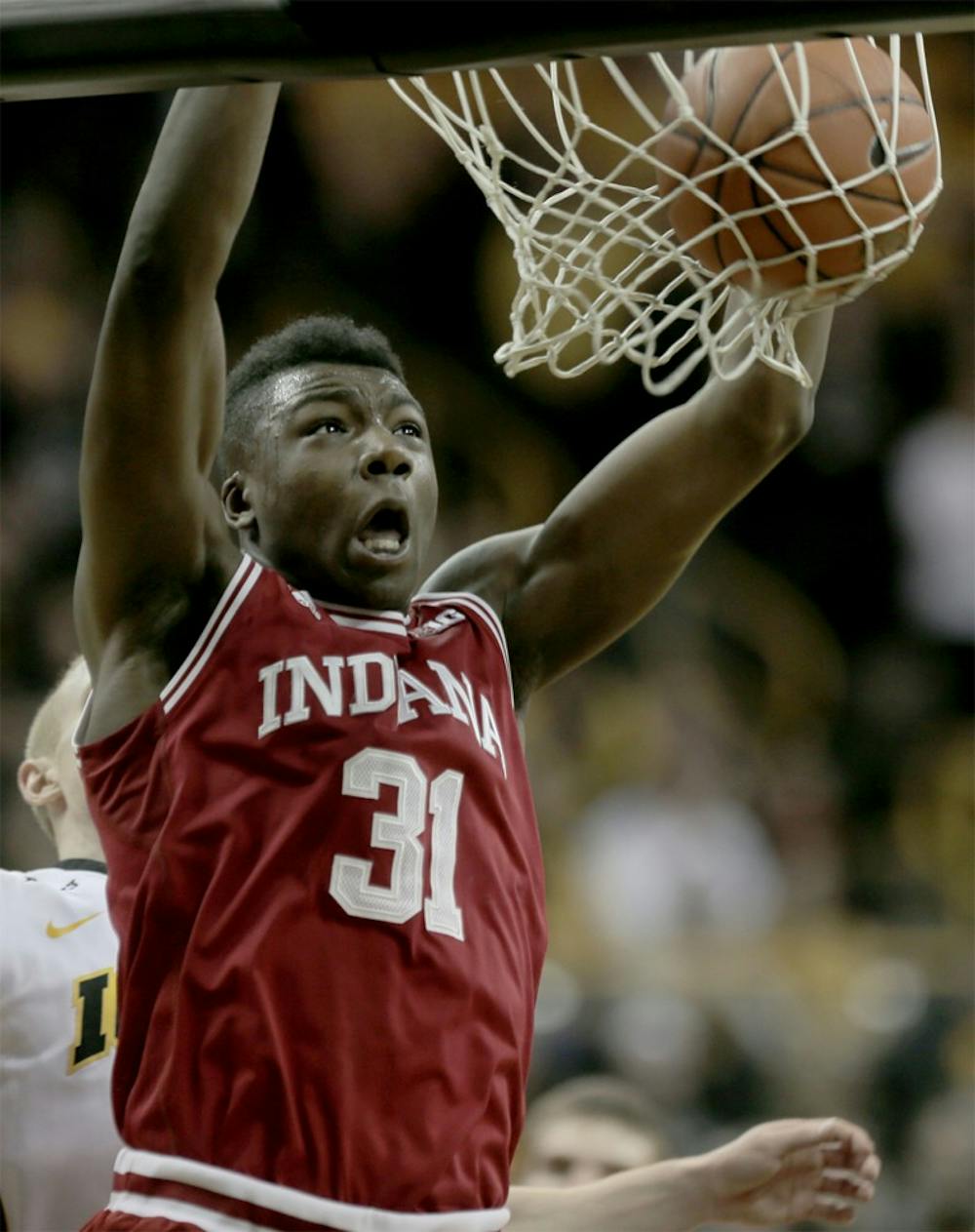 Freshman center Thomas Bryant dunks against the Hawkeyes in the Hoosiers' win at Carver-Hawkeye Arena. (The Daily Iowan)