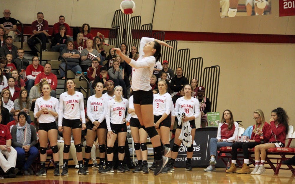Senior Indiana University Megan Tallman serves as she and her IU volleyball team play against Nebraska on Saturday.