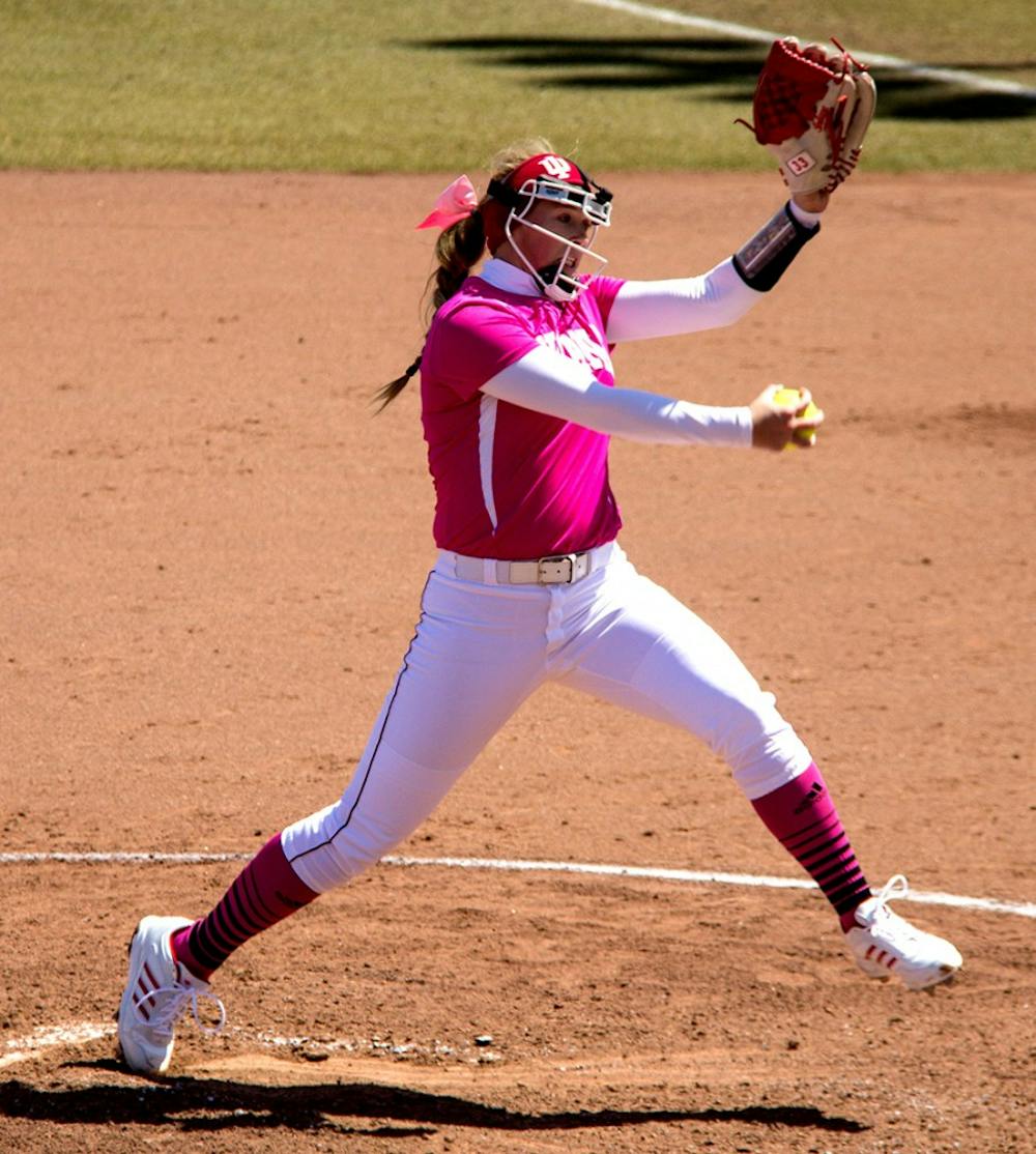 Freshman pitcher Tara Trainer throws a pitch during Saturday againsts Penn State University at Andy Mohr Field. IU lost agianst Indiana State 7-15.