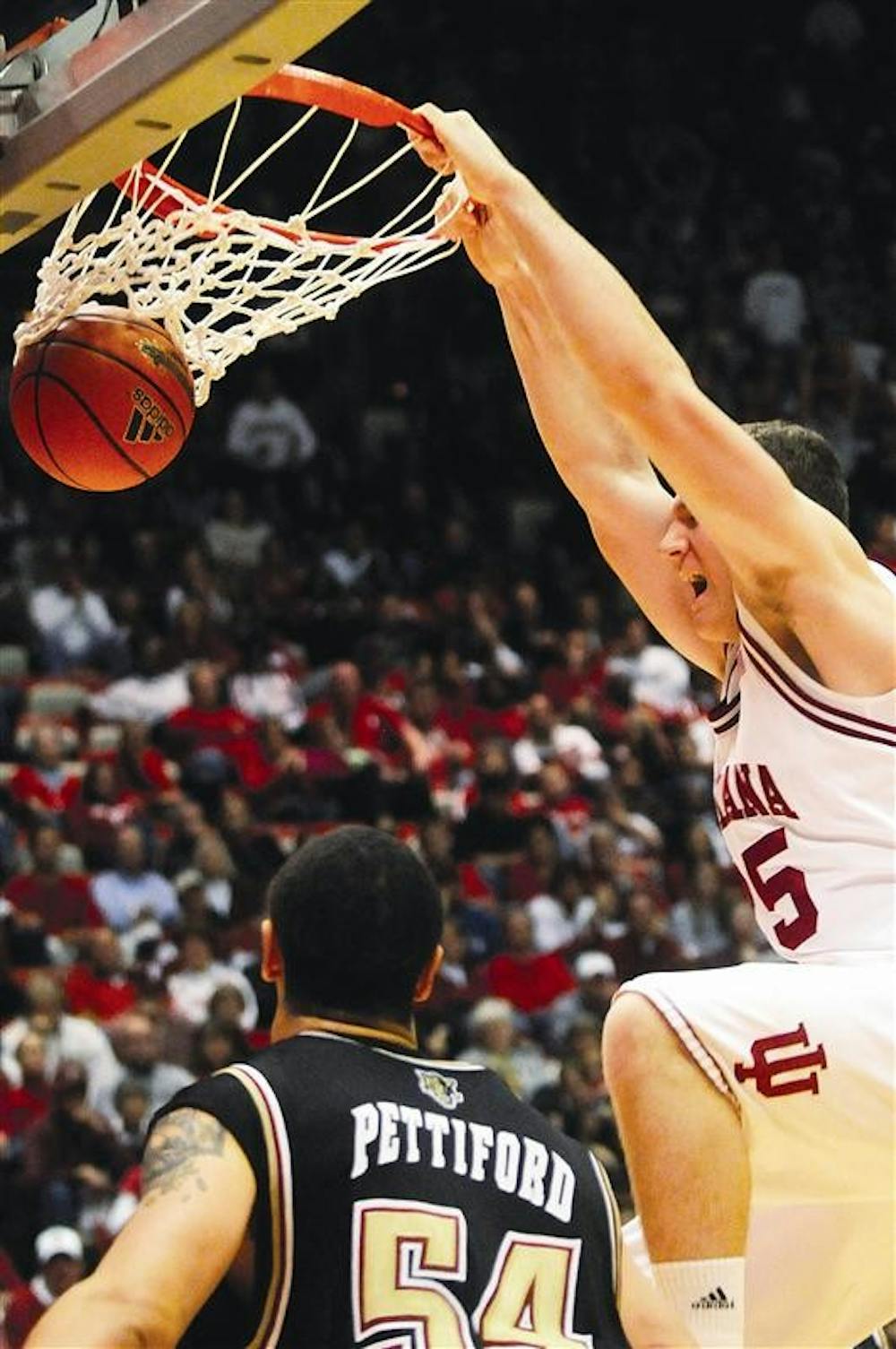 Freshman forward Tom Pritchard slams down a dunk in the second half of IU’s 60-57 win against IUPUI on Tuesday night at Assembly Hall.